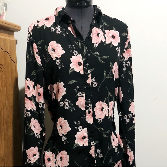 Black Floral Long Blouse Small - Picture 4 of 5